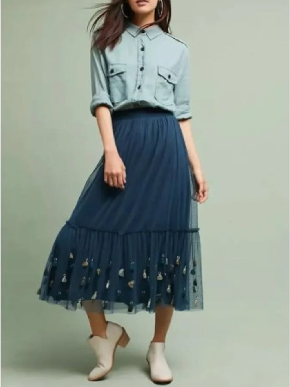 NWT Anthropologie Maeve Masti Tulle Tassel Fringe Maxi Skirt Navy Blue Size S